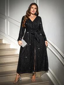 SHEIN Clasi Curvy Plus Size Women's Elegant Black Sequin V-Neck Long Sleeve Split Hem Formal Dress,Autumn Winter Evening Wedding Guest Party Long Dress - Black - View 4