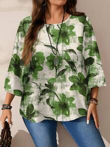 Mellowie Blusa de manga 3/4 con cuello redondo, estampado floral romántico casual, talla grande, adecuada para primavera y verano - Multicolor - Ver 5