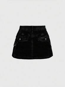 ROMWE Kawaii Chân váy denim mini cạp thấp có khóa kéo cổ điển Y2K - màu đen - Xem 2