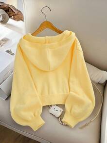 SHEIN Genkimix Kids 女童时尚休闲清新短款纯色连帽针织开衫，秋冬 - 黃色 - 查看 2