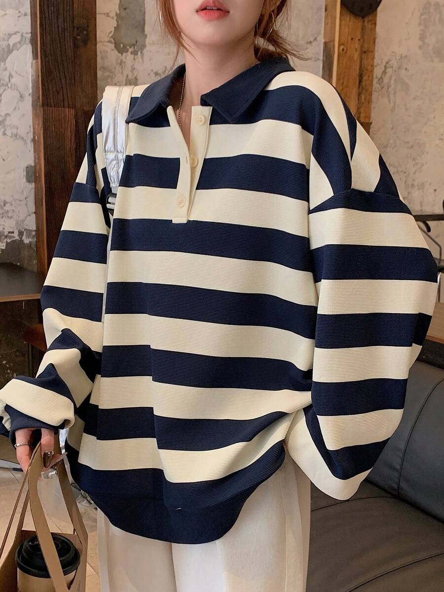 DAZY Women's Turndown Collar Contrast Stripe Loose Pullover Casual Sweatshirt - Navy Blue - View 1