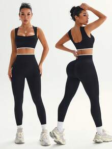 Dewbera 女士简约撞色装饰无钢圈运动文胸和紧身裤套装 - 黑色 - 查看 2