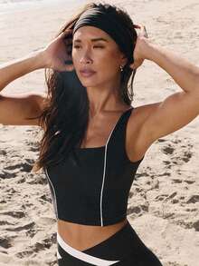 GLOWMODE FeatherFit™ On The Line Soft Stretchy Sweat-Wicking UV Protection Crossover Back Two-Tone Removable Cups Cropped Active Tank Low Impact Yoga Pilates Studio Daily Active Wear - Black and White - View 7