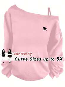 SHEIN CURVE+ Casual Equestrian & Fencing Graphic Sleeveless Shoulder Strap Long Sleeve T-Shirt For Women, Suitable For Spring/Summer Pink - Pink - View 1