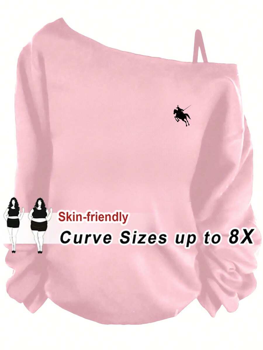 SHEIN CURVE+ Casual Equestrian & Fencing Graphic Sleeveless Shoulder Strap Long Sleeve T-Shirt For Women, Suitable For Spring/Summer Pink - Pink - View 1