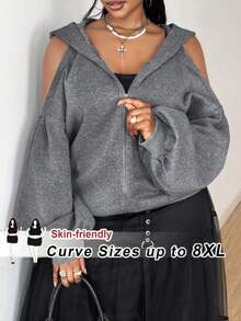 SHEIN CURVE+ Sudadera con capucha, manga farol y cremallera para mujer de talla grande, de estilo casual, chic de calle y minimalista,unicolorlido con hombros descubiertos, para primavera/otoño - Gris - Ver 1