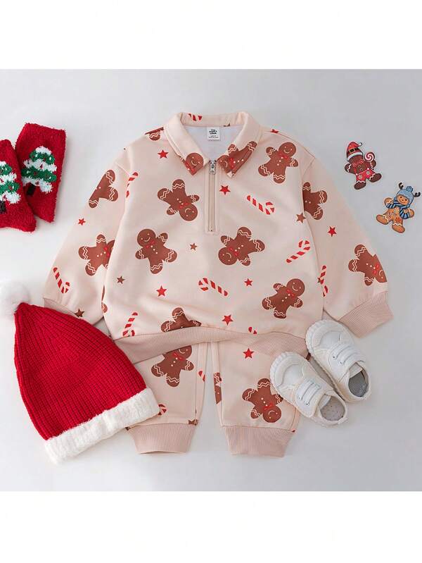 THE HAPPY LOOK Conjunto de 2 piezas con parte superior de media cremallera de manga larga y pantalones de cintura elástica con estampado de hombre de jengibre de dibujos animados para niño pequeño