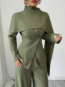 SHEIN Elenzya Women's Military Green Stand Collar Poncho Design V-Neck Waist Cinched Long Sleeve Jacket, Loose Straight Leg Pants Suit, Professional Outfit, Elegant Vibe, Fashionable Autumn Essential, Versatile 3-Piece Set - Army Green - View 4