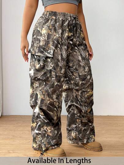 SHEIN PETITE CURVE Branch Print Casual Plus Size Women's Cargo Wide Leg Pants Streetwear Pants Camo Pants Camo Cargo Pants Women