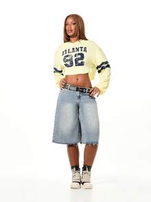 SUMWON WOMEN Cropped Varsity V Neck Sweatshirt With Long Sleeves And Atlanta Print - Yellow - View 5