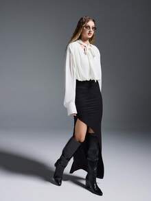 MYSTAURA Women's Sexy Elastic Waist Ruched Bodycon High Slit Skirt Night Black Autumn - Black - View 6
