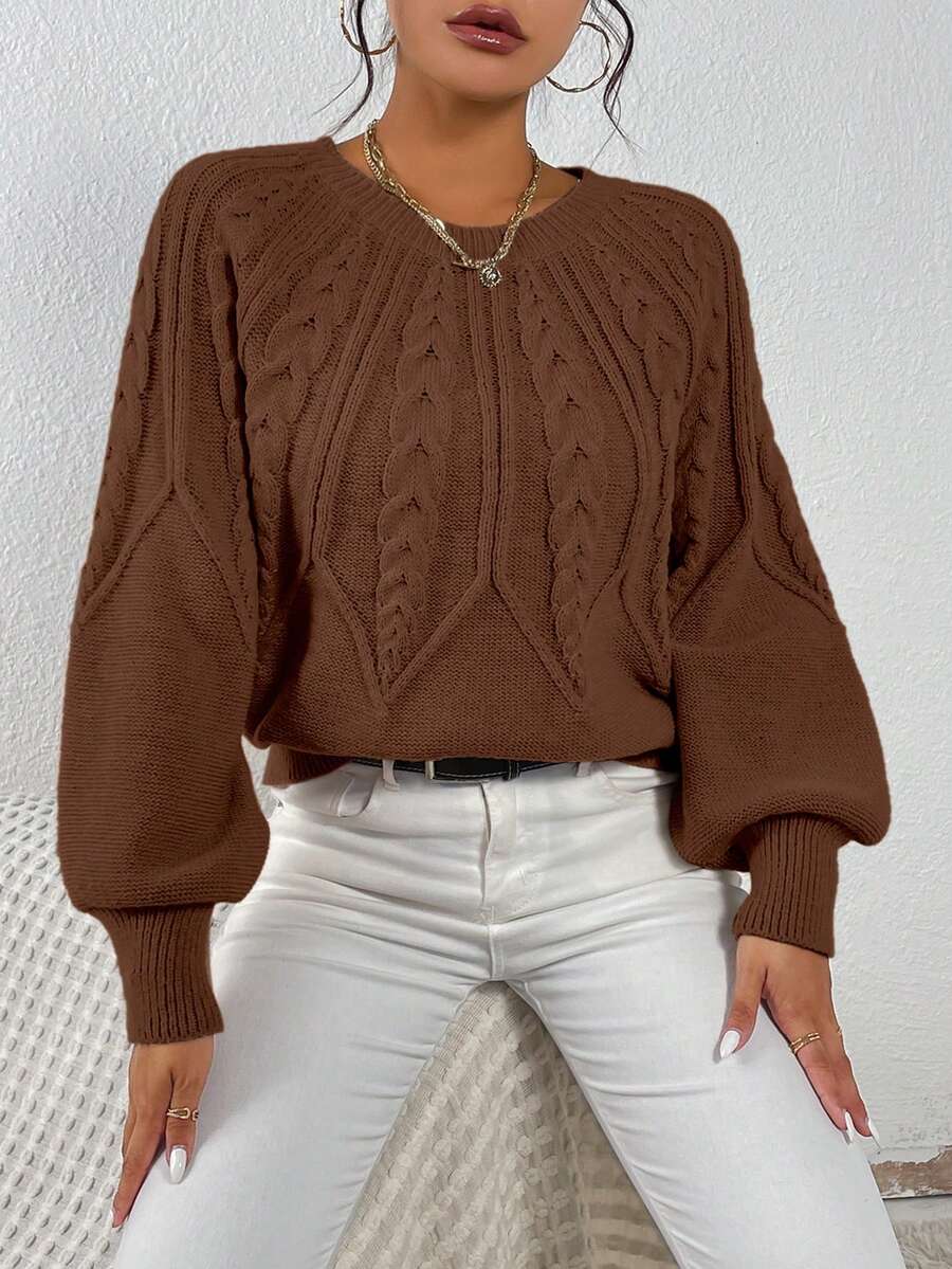 SHEIN LUNE 纯色圆领灯笼袖扭纹针织套头衫 - 棕色 - 查看 1