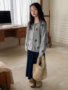 DAZY Tween Girls' Round Neck Long Sleeve Drop Shoulder Front Button Knit Casual Cardigan, Versatile For Christmas,New Year - Grey - View 2