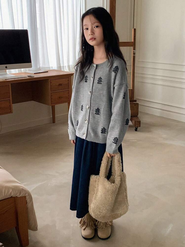 Tween Girls' Round Neck Long Sleeve Drop Shoulder Front Button Knit Casual Cardigan, Versatile For Christmas,New Year