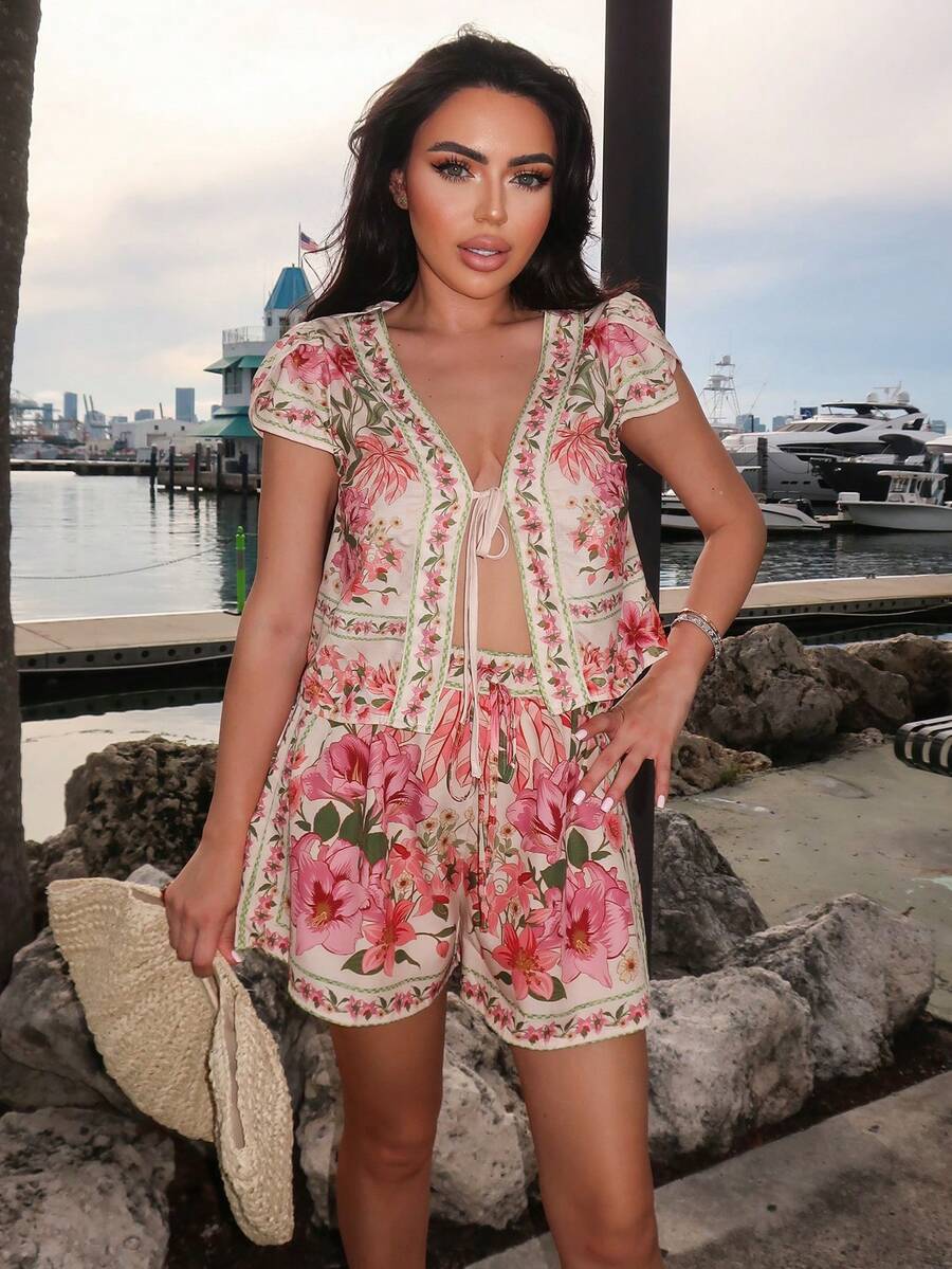 Durrani Popal Áo sơ mi buộc vạt họa tiết hoa, thường ngày khi đi nghỉ, trang phục đi nghỉ cho phụ nữ, trang phục đi nghỉ cho phụ nữ, trang phục đi nghỉ ở bãi biển, trang phục mùa hè cho phụ nữ, áo mùa hè, mùa hè - Nhiều màu - Xem 1