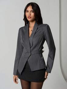 TRNVIE 1 pièce Blazer casual/de travail pour femmes avec col asymétrique et taille cintrée, coupe évasée, gris foncé, automne/hiver - Gris - Voir 6