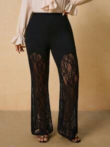 SHEIN VCAY 大码浪漫派对蕾丝喇叭裤，性感女式黑色长款蕾丝裤，适合秋冬派对和节日 - 黑色 - 查看 5