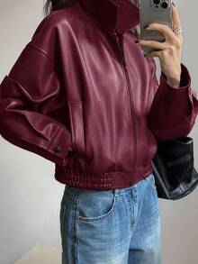 DAZY Spring New Distressed Leather Jacket, Short Style Lady Casual Outerwear,Fall Clothes - Burgundy - View 5