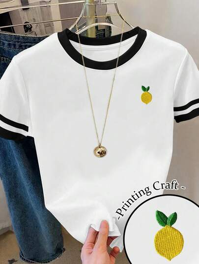 Resyla T-shirt côtelé imprimé citron pour femmes