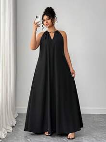 SHEIN Tall CURVE Never Out Of Style, Kooky Elegance Collection (Woe Is Me Vibes)(Wednesday Aesthetic) Plus Size Women Woven Casual Halter Loose Black Dress For Tall