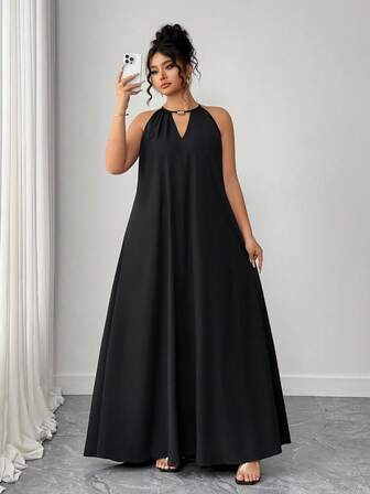 SHEIN Tall CURVE Never Out Of Style, Kooky Elegance Collection (Woe Is Me Vibes)(Wednesday Aesthetic) Plus Size Women Woven Casual Halter Loose Black Dress For Tall