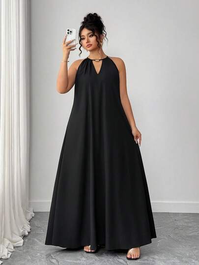 SHEIN Tall CURVE Nunca pasa de moda, Colección de elegancia extravagante (Vibes de Woe Is Me)(Estética del miércoles) Vestido casual holgado de halter negro tejido para mujeres de talla grande
