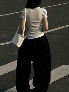 SHEIN 女式纯色松紧腰宽松休闲运动裤 - 黑色 - 查看 2