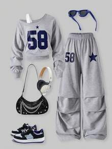 SHEIN ChillGRL 2pcs/Set Kids Girls Navy Blue Cow Boy Outfit,Asymmetric Shoulder Number 58 Print Long Sleeve Top & Loose Pants,Autumn School Back-To-School Clothing - Light Grey - View 1
