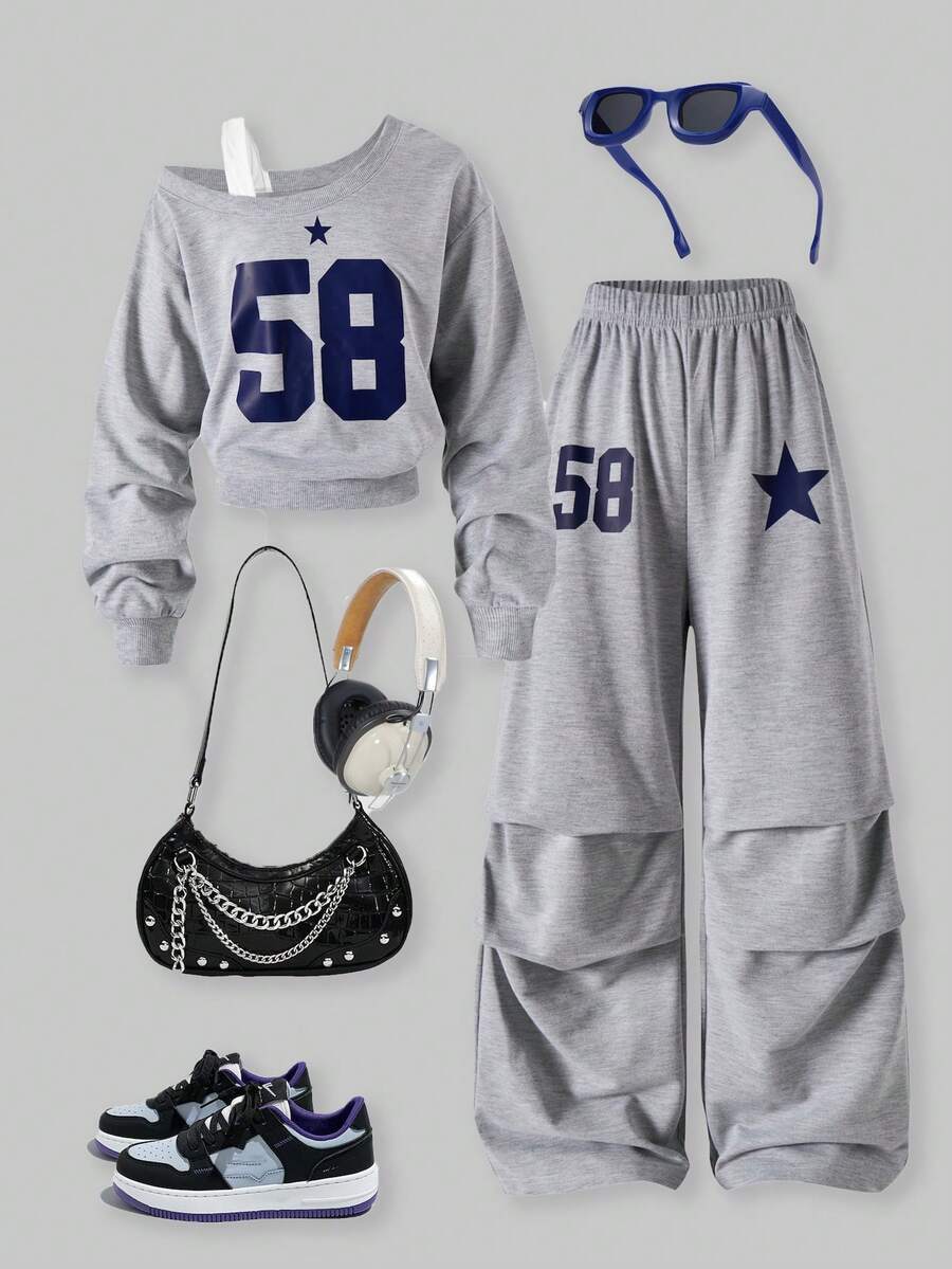 SHEIN ChillGRL 2pcs/Set Kids Girls Navy Blue Cow Boy Outfit,Asymmetric Shoulder Number 58 Print Long Sleeve Top & Loose Pants,Autumn School Back-To-School Clothing - Light Grey - View 1