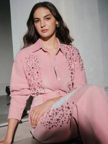 Anewsta New Fashionable Women's Heavily Embellished Rhinestone Denim Shirt, Suitable For Valentine's Day Party, Pink - Pink - View 7
