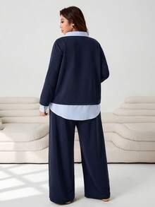 Solflare 2025秋冬休闲套装，百搭条纹衬衫叠穿卫衣长裤套装，宽松版型，藏蓝色，大码两件套 - 彩色 - 查看 2