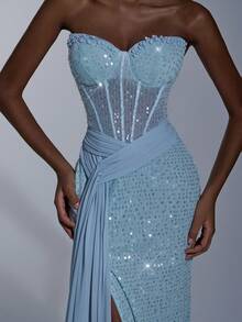 Elitara Elegant, Romantic, Sexy, Minimalist, Greyish Blue, Stretchy Sequin Fabric, Chiffon Patchwork, Pleated Decor, Sequins Decor, Long Sleeve, Front Slit, Fish Tail Hem, Backless Tie, Fashionable, Holiday, Vacation, Birthday Party, Wedding, Formal Dinner Dress