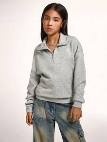 Radiana Tween Girl Casual Basic Half-Zip High Neck Heather Gray Sweatshirt,In Fall/Winter - Grey - View 3