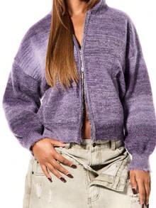 SUMWON WOMEN 宽松版型超大拉链连帽衫开衫针织毛衣秋冬舒适渐变色 - 紫色 - 查看 6