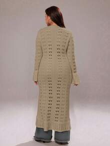Casual Long Cardigan, Hollow Out Knit Sweater Cardigan, Bell Sleeve Long Cardigan, Back To School Season Boho - Khaki - View 2