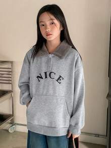 DAZY Tween Girls Thermal Lined Collared Letter Print Sweatshirt, Fall - Grey - View 4