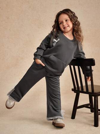 Reset Phase 2pcs/Set Young Girl' Casual Grey Round Neck Long Sleeve T-Shirt Set, Suitable For Loungewear