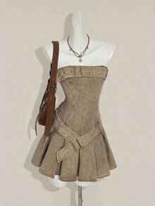 SHEIN ICON Y2K 女士嬉皮波西米亚风紧身胸衣设计褶裥下摆时尚抹胸迷你连衣裙 - 橄欖綠 - 查看 8