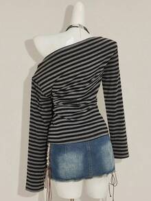 SHEIN ICON Y2k Women's Goth Grunge Striped Off Shoulder Long Sleeve Ruched Casual T-Shirt - Multicolor - View 7