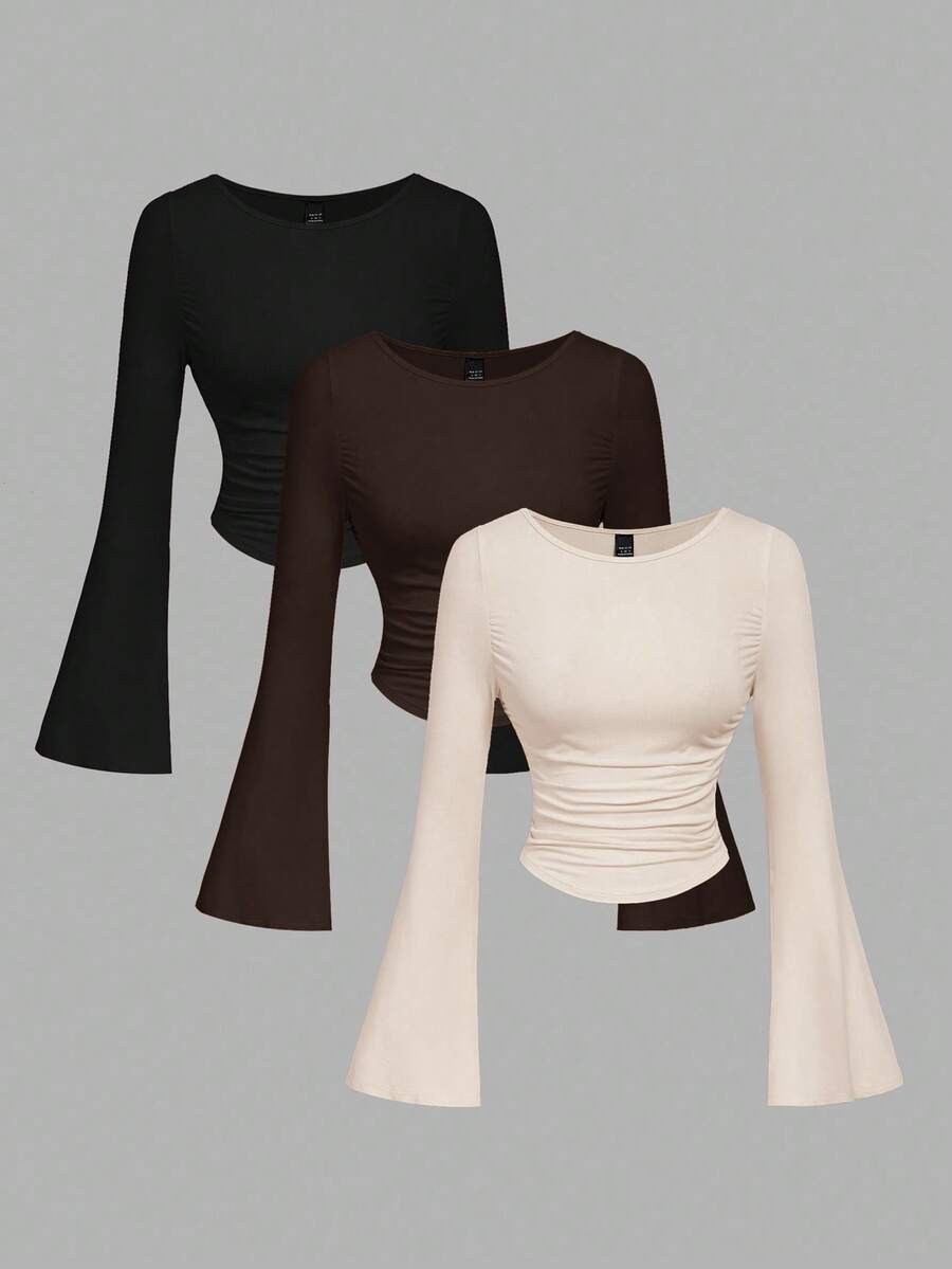 SHEIN MOD 3pcs Women's Solid Color Round Neck Short Flare Sleeve Ruched T-Shirts,Fall,Fall Clothes For Women - Brown - View 1