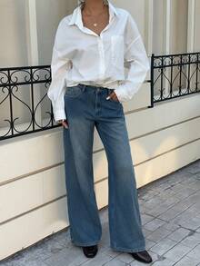 Siren Gaze 女士复古蓝色保暖内衬牛仔裤，低腰直筒裤型，精致提花牛仔面料，保暖内衬长裤，冬季款