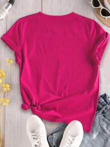 SHEIN EZwear Plus Size Women Slogan Cartoon Rabbit Print Round Neck Short Sleeve Casual T-Shirt - Hot Pink - View 2