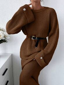 EURMUSE Plus 女士纯色厚实毛衣和毛衣裙套装 - 棕色 - 查看 4