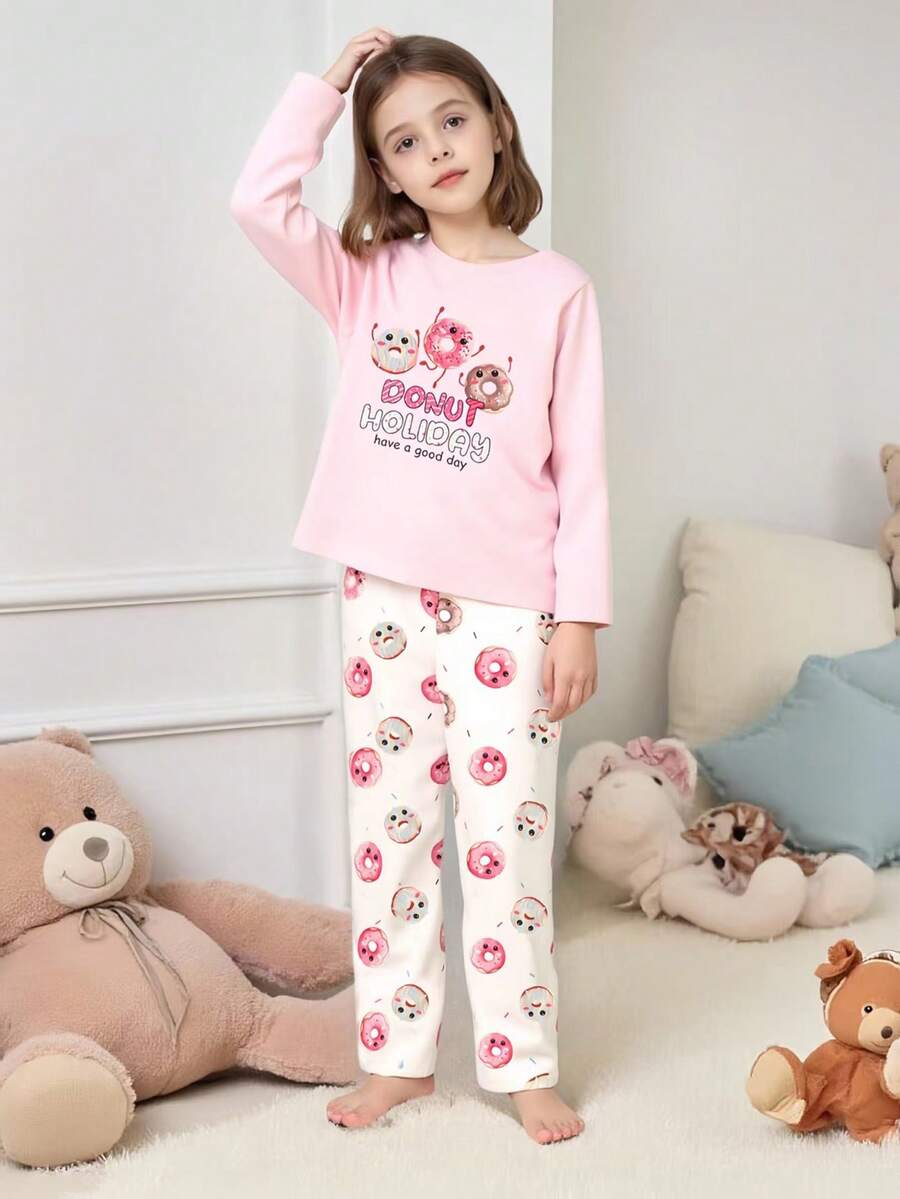 2pcs Young Girl' Cute Donut Print Long Sleeve Pajama Set