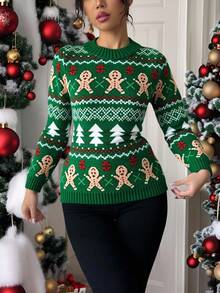 Mujer suéter festivo estilo navideño tejido jacquard diseño creativo ajuste cómodo cuello redondo manga larga invierno fiesta suéter - Verde militar - Ver 1