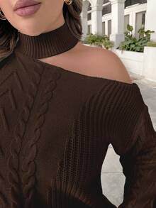 SHEIN Clasi Plus Size Women Casual Asymmetrical Shoulder Loose Cable Knit Pullover Sweater, Autumn/Winter - Brown - View 5