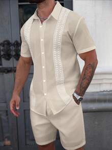 Manfinity Homme Men's Summer Casual Vacation Style Contrast Lace Short Sleeve Loose Shirt