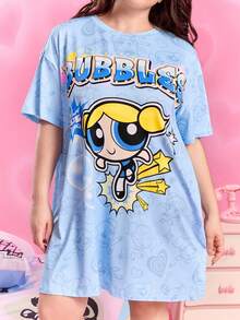 THE POWERPUFF GIRLS X SHEIN 大码泡泡图案蓝色圆领短袖睡袍