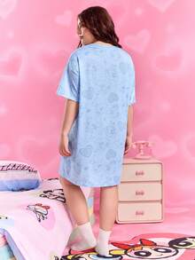 THE POWERPUFF GIRLS X SHEIN 大码泡泡图案蓝色圆领短袖睡袍