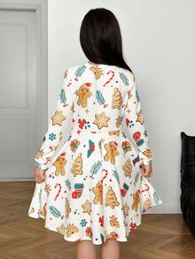 SHEIN Váy dệt kim dáng chữ A dài tay cổ tròn in họa tiết dễ thương cho bé gái tuổi mới lớn - trắng - Xem 2